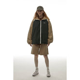 Unisex Jacket Retro Patchwork Contrast Color Loose Stand Collar Coat